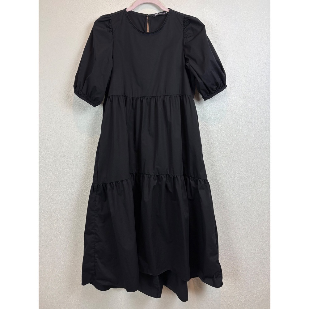 Zara Black Cotton Poplin Tiered Midi Dress Puff Sleeve Whimsigoth Minimalist S